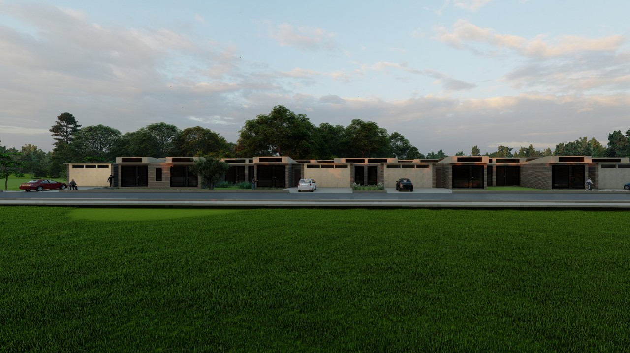 Render of modern residences with parking next to green grass