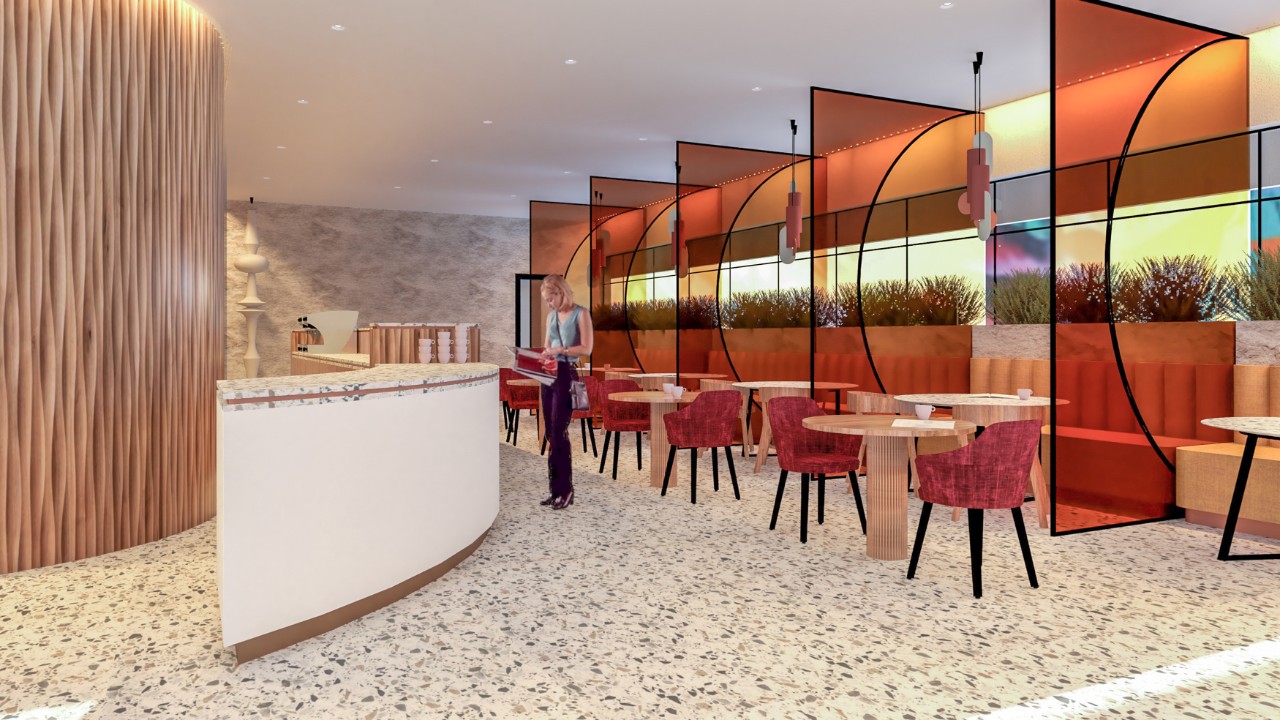 An interior design render of a dining space with red curved glass sections and a terrazzo floor.