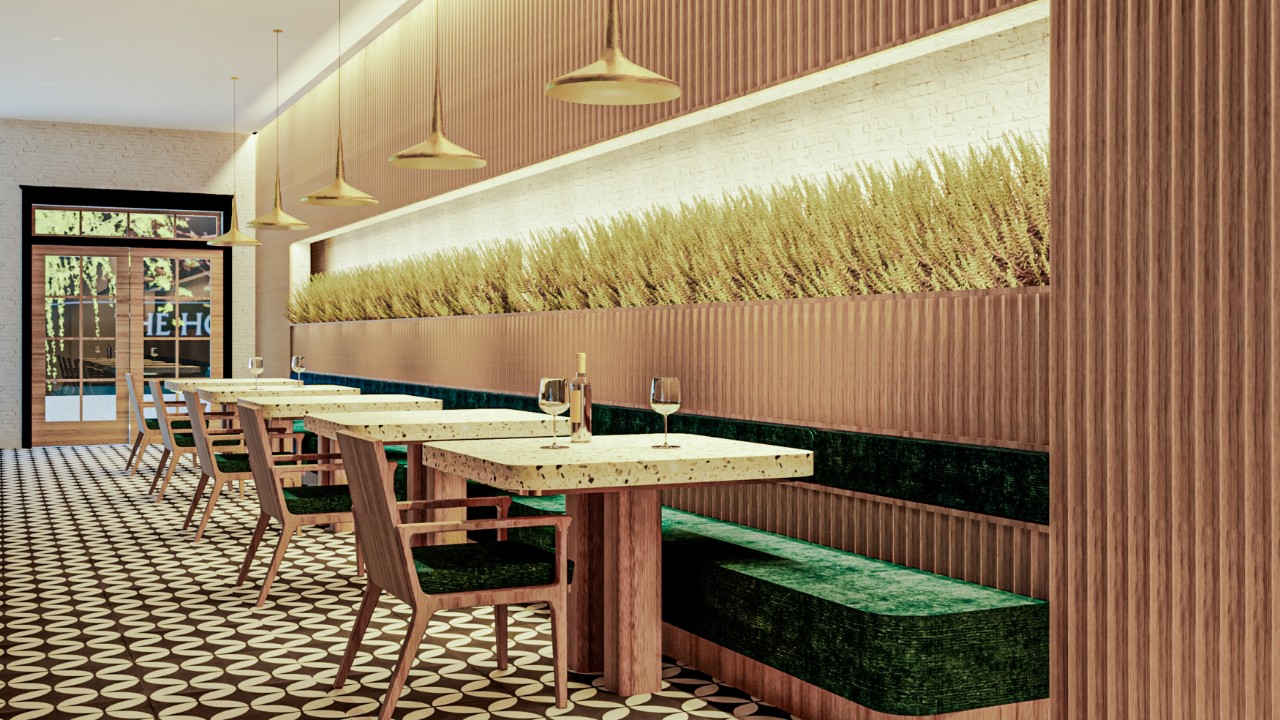 An interior design render of a dining space along a wall with bench seating and pendant lights.
