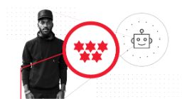 5 red stars on white background with guy wearing a cap and hoodie and robot icon