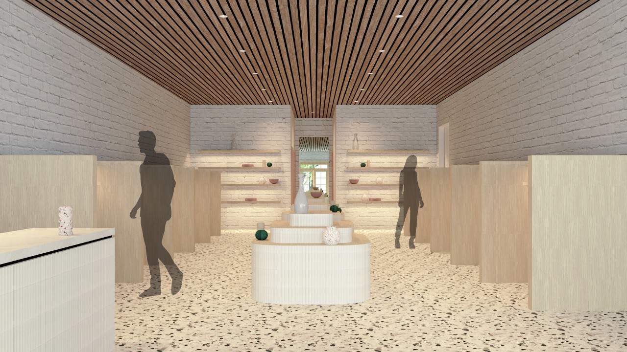 An interior design render of a dining space with cubicles along each wall and a centre row.