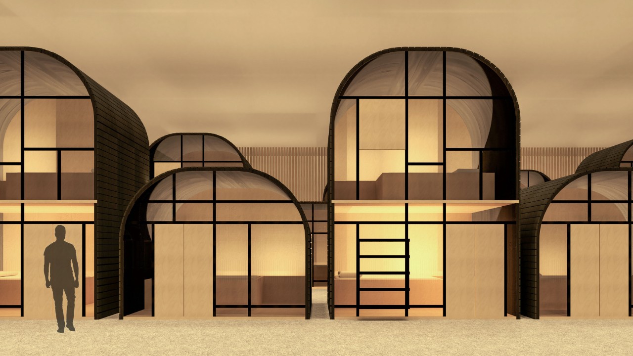 An interior design render of sleeping pods with arched design and glass walls. 