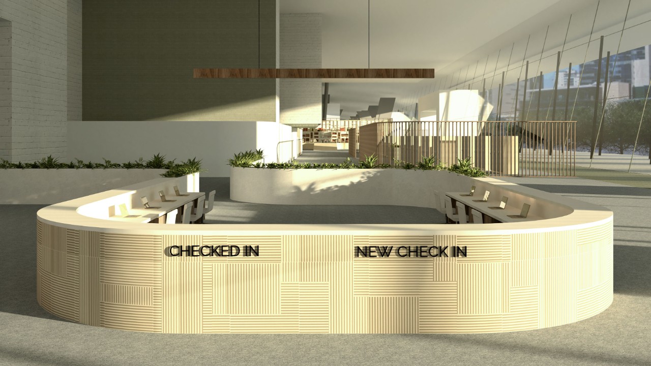 An interior design render of sleeping pods with a check in counter. 