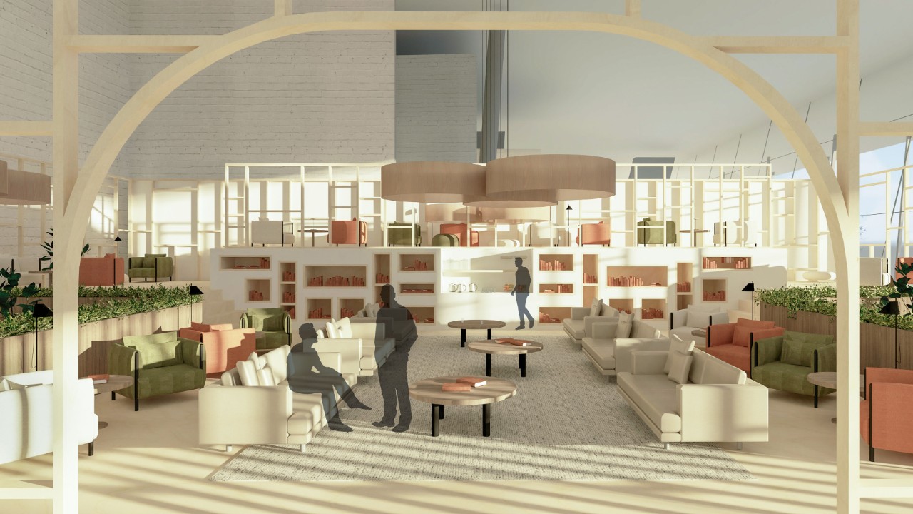 An interior design render of sleeping pods with a lounge common area. 