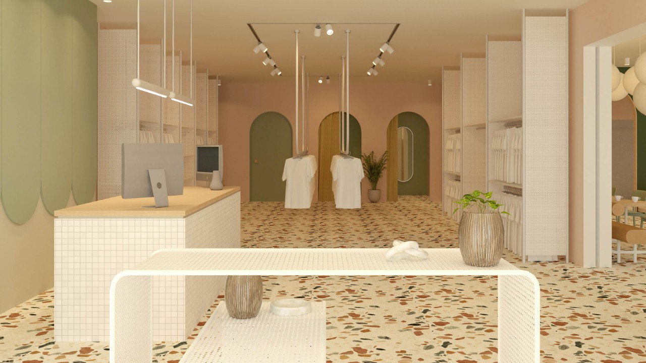 An interior design render of an op shop cafe with terrazzo floor.