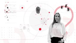 Girl standing in front of white background with red graph details, a black fingerprint and black crime scene numbers
