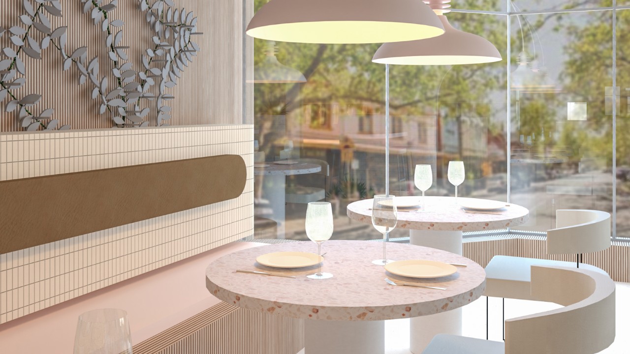 An interior design render of a dining space with bench seating and curved chairs.