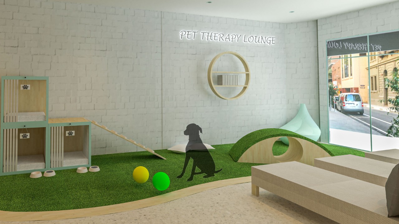 An interior design render of a pet therapy lounge with kennels, activity area and lounges.