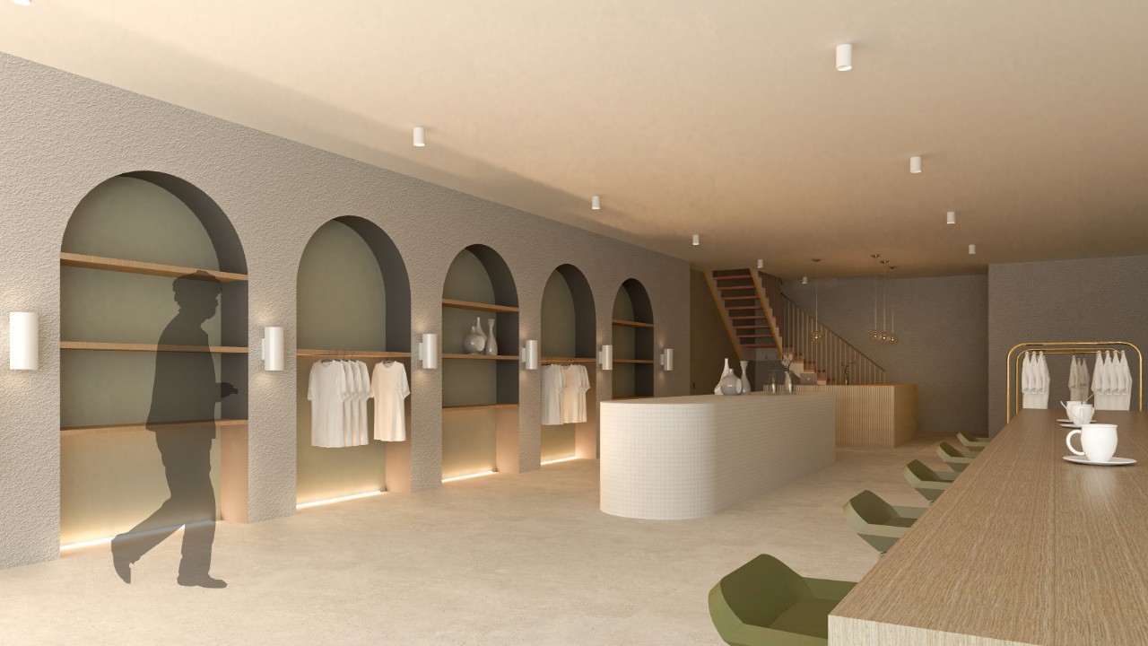 An interior design render of sleeping pods with dining table and clothes racks. 