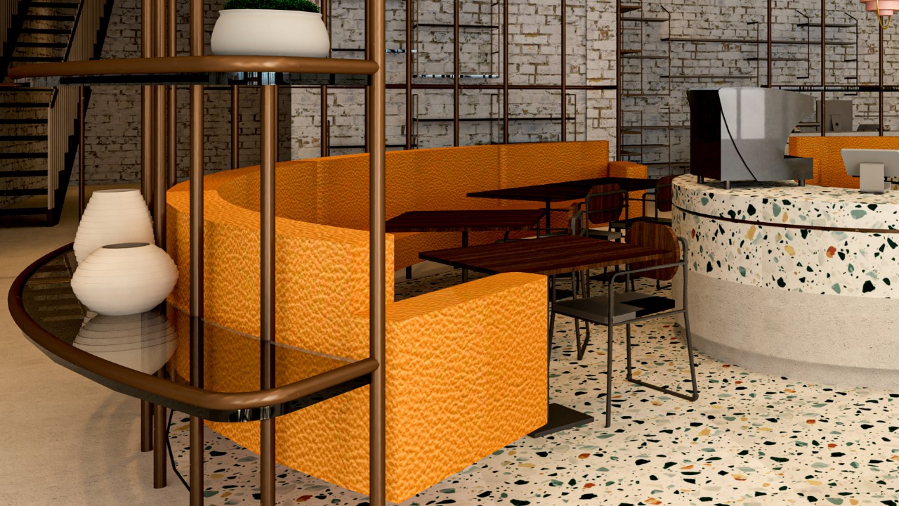 An interior design of an opshop cafe with orange curved bench seating and terrazzo.
