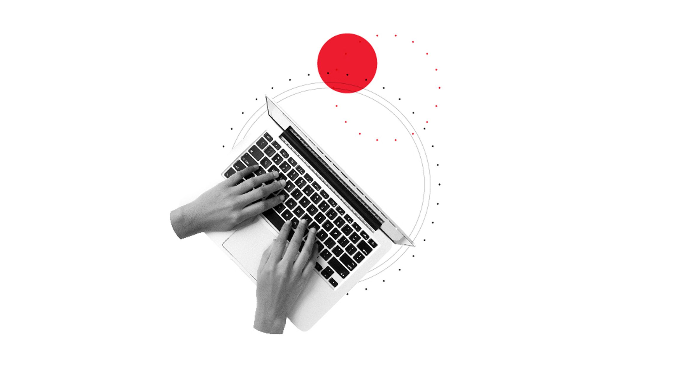 Hands on a keyboard with red and grey circles