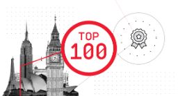 Text says 'Top 100' on white background with city buildings and badge icon