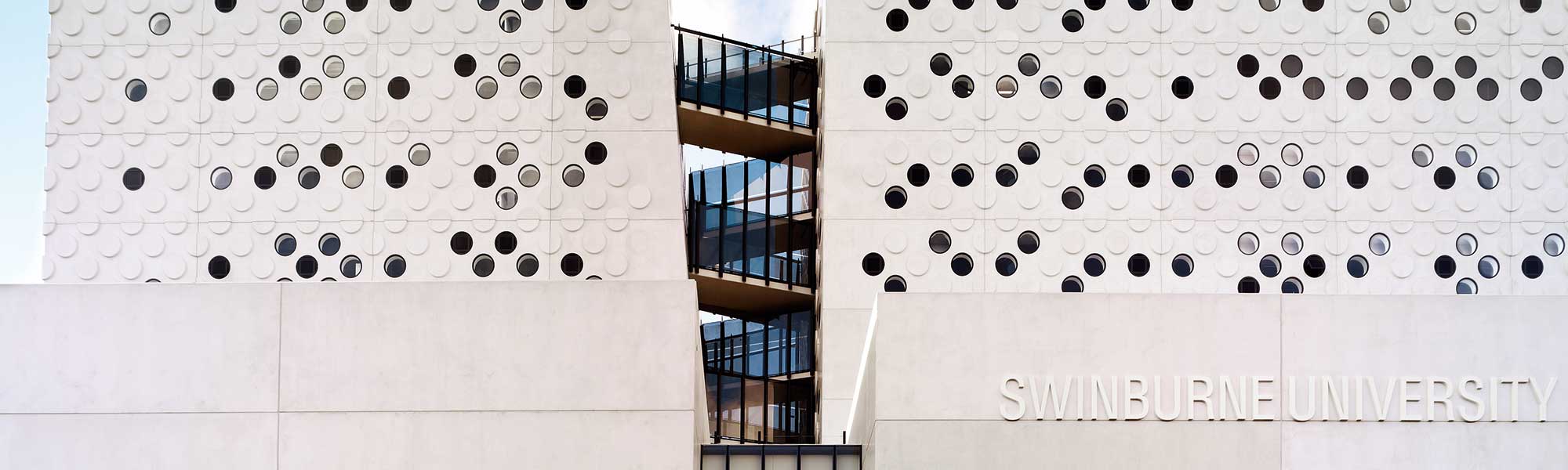 Close-up photo of a unique Swinburne building at the Hawthorn campus.