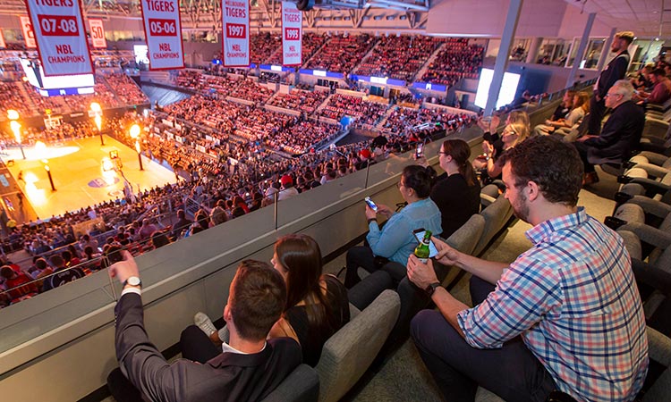 Event: Sport Innovation Research Group Launch - attendees watching Melbourne Tigers play basketball