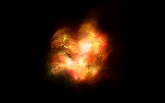 An artist's impression of what the first galaxies in the Universe may have looked like shows violent star formation and star death illuminating the gas between stars, making the galaxy largely opaque.
