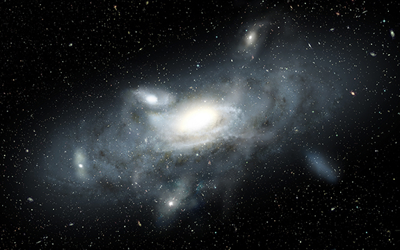 An artist's impression of our Milky Way galaxy in its youth. Five small satellite galaxies, or various types and sizes, are in the process of being accreted into the Milky Way. 