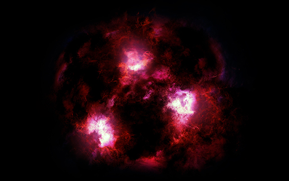 artist's impression of what a massive galaxy in the early Universe might look like. The galaxy is undergoing an explosion of star formation, lighting up the gas surrounding the galaxy. Thick clouds of dust obscure most of the light, causing the galaxy to look dim and disorganised.