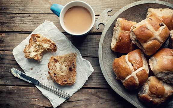 Hot cross buns and a hot drink. 