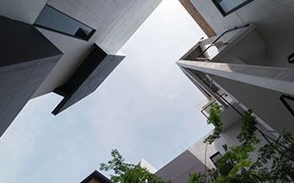 Looking up at buildings and sky